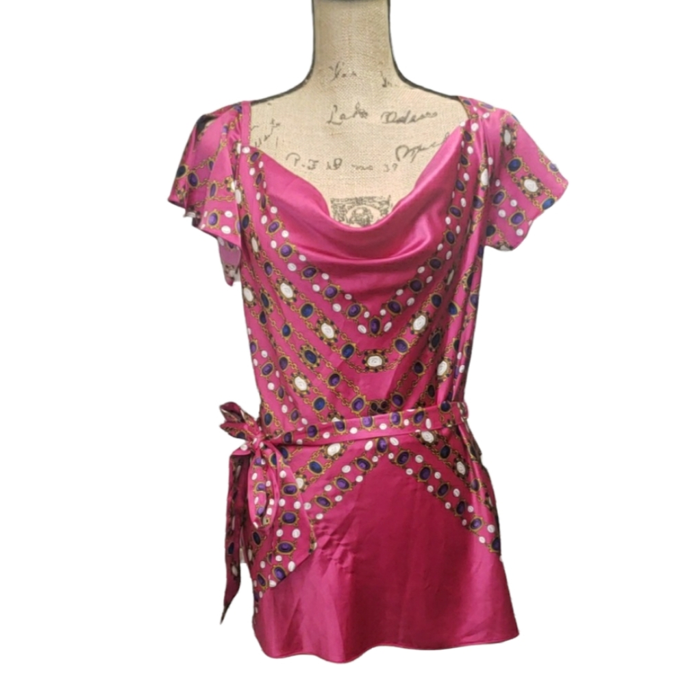 Caché Blouse, Size M, Hot Pink,  Chain Print, Bow Tie Detail